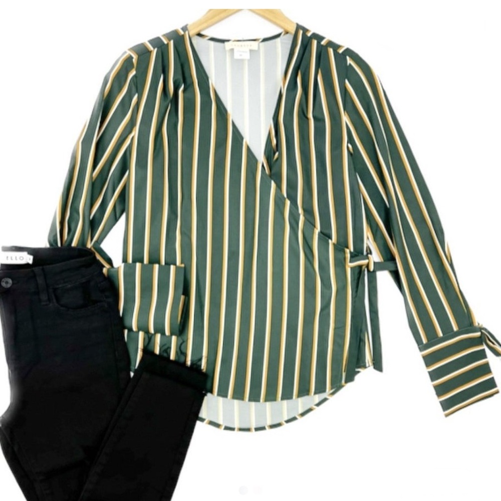 NWT Promesa Wrap Surplice Long Sleeve Blouse Green Yellow White Striped